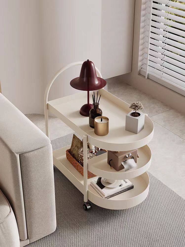 Chinese-Style Cream-Colored Movable Side Table, Modern Minimalist High-End Light Luxury Living Room and Bedroom Side Cabinet, Storage Rack, Small Trolley