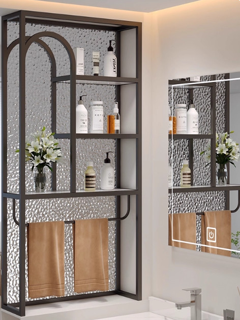 Cream-Colored Washbasin Half-Wall with Long Rainbow Glass Partition, Bathroom Storage, Stainless Steel Screen Half-Wall, Bathroom Shelf