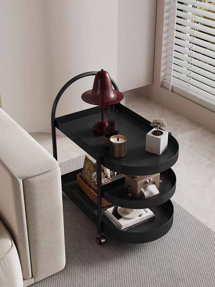 Chinese-Style Cream-Colored Movable Side Table, Modern Minimalist High-End Light Luxury Living Room and Bedroom Side Cabinet, Storage Rack, Small Trolley