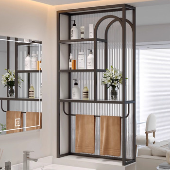 Cream-Colored Washbasin Half-Wall with Long Rainbow Glass Partition, Bathroom Storage, Stainless Steel Screen Half-Wall, Bathroom Shelf