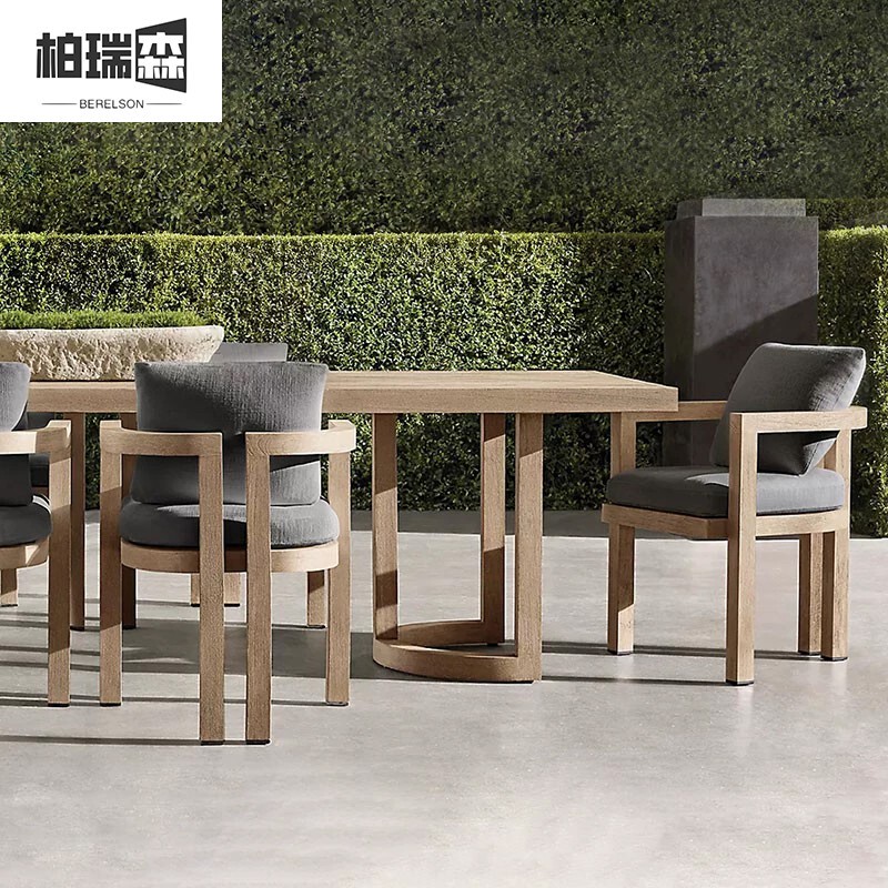 Outdoor Villa Courtyard Tables and Chairs, Open-Air Waterproof and Sun-Proof Teak Long Table, Outdoor Garden Anti-Corrosion Leisure Solid Wood Furniture