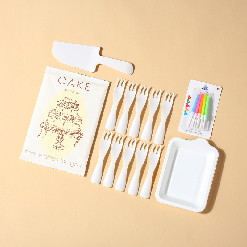 Cake Cutlery, Knife, Fork, and Plate Set, Disposable Thickened Set, High-End Paper Pulp Birthday Cake Candle, Knife, Fork, and Plate