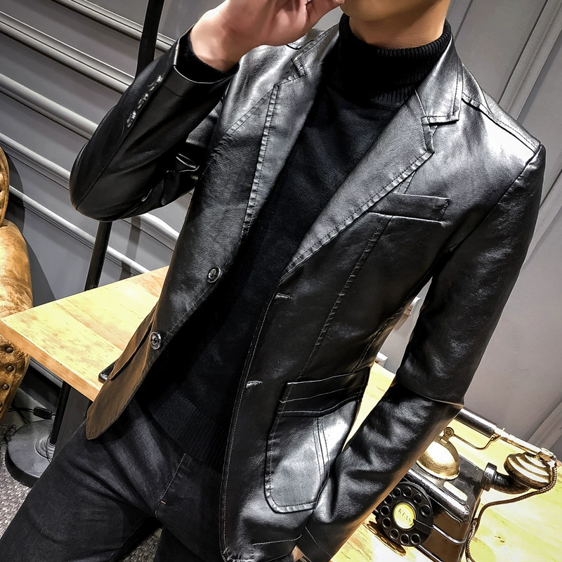 Bộ đồ da nam Suit Suit 2020 Mùa thu mới Áo khoác giản dị Hàn Quốc Slim Lapel Leather Suit Leather Jacket - Quần áo lông thú