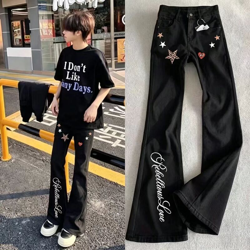 American-Style Cross Pattern Luxury Retro Printed Jeans for Men and Women, Summer Loose Flared Pants, High Street Fashion Brand, Curved Pants