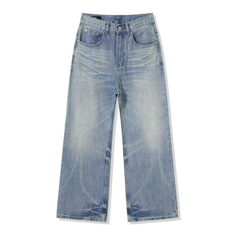 Zxrn*Kaisanyou A01 Classic Horizontal and Vertical Bamboo Pattern High-End Whiskered Scratch-Effect Sea Salt Blue Washed Jeans