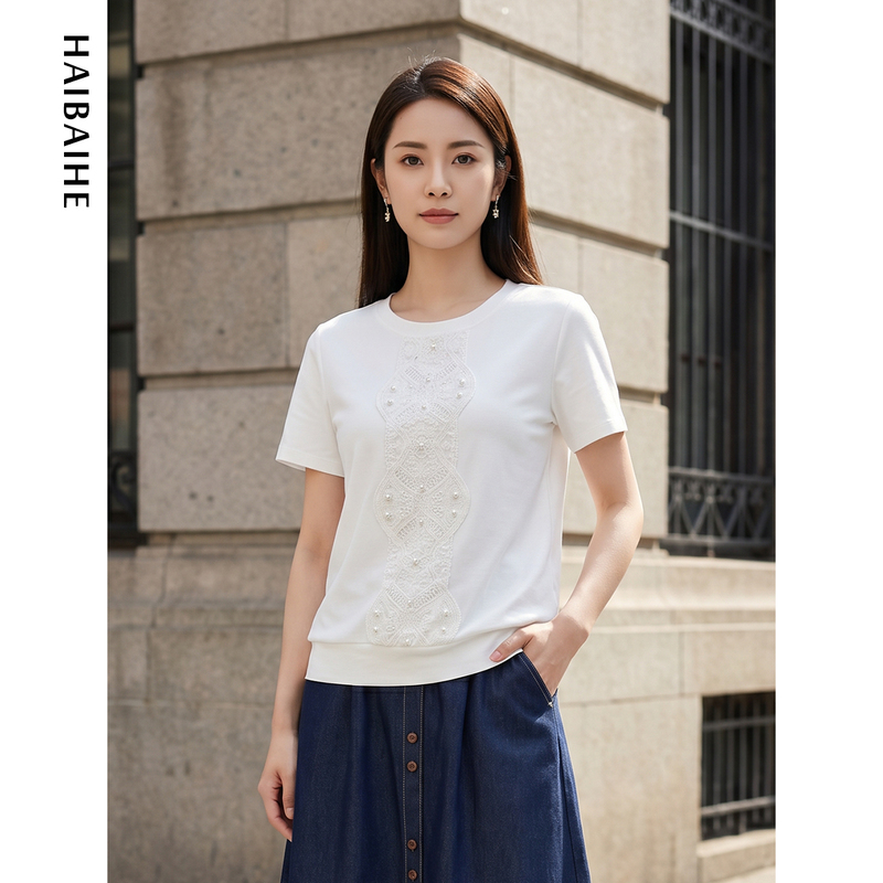 Sea Lily 2026 Summer New Comfortable Short-Sleeve Round Neck Commuting Knitted Cotton T-Shirt Women's Versatile Top 9106