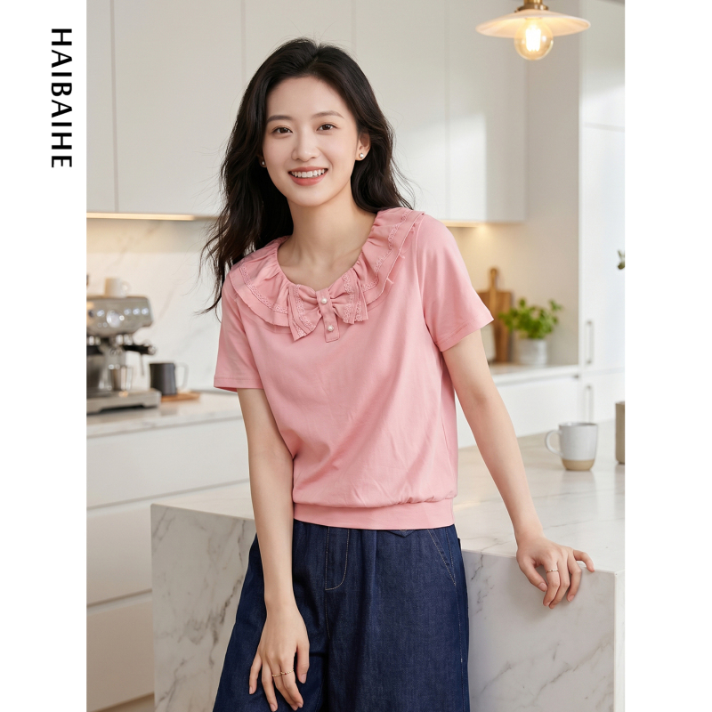Sea Lily 2026 Summer New Comfortable Cotton Ruffle Collar Short Sleeve T-Shirt Women's Casual Stylish Top 9136 Sea Lily 2026 Summer New Comfortable Cotton Ruffle Collar Short Sleeve T-Shirt Women's Casual Stylish Top 9136