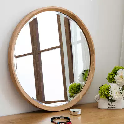Nordic simple bathroom mirror hanging wall mirror solid wood round mirror makeup mirror with toilet makeup mirror round wall mirror