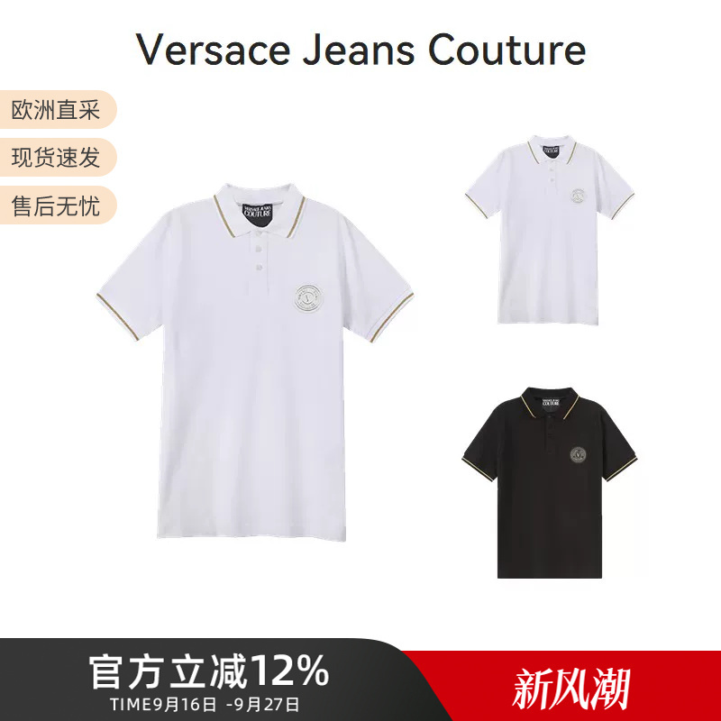 Versace Vjc Men's Cotton V-Shaped Badge Men's Short-Sleeved Polo Shirt Couple Style 74Gagt08 Cj01T