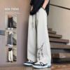 National style bamboo leaf new Chinese style trousers men's summer thin ice silk cool straight pants fat men large size loose wide leg pants