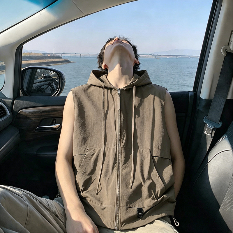 Mountain-Style Outdoor Paratrooper Functional Waterproof Vest for Men, Summer Ice-Feel Quick-Drying Thin Oversized Hooded Vest