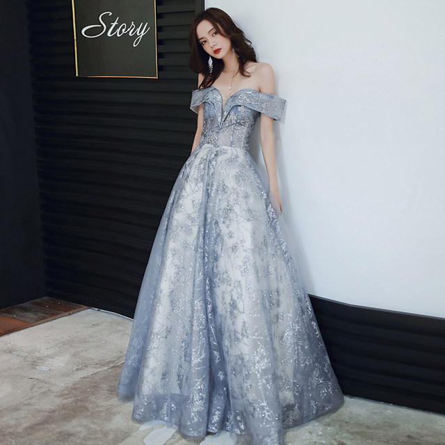 Host evening dress skirt female art test new spring one-shoulder birthday annual party banquet temperament noble female long section