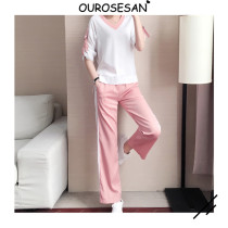 OUROSESAN FASHION SUIT Summer Temperament Big Code Casual Sports Leanthin V Collar Broadleg Pants Two Sets Tide