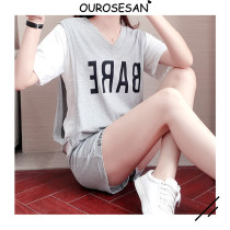 OUROSESAN casual sports suit women summer style Korean version fashion loose with slim V collar T-shirt shorts two-piece set