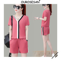 OUROSESAN Summer short sleeve casual sports suit womens foreign air display slim short sleeve wide-leg shorts two-piece set