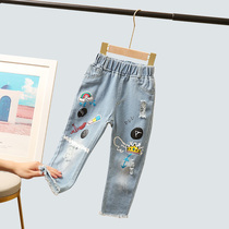 Girl pants autumn 2019 new Korean version of childrens jeans foreign style female baby hole high waist spring and autumn trousers