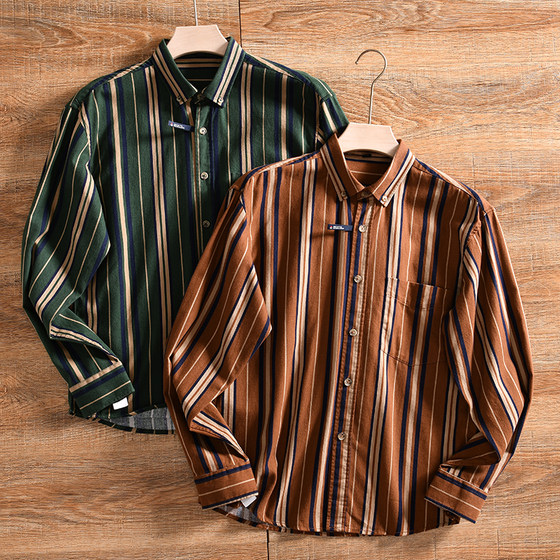 Spring and Autumn Men's Japanese Retro Striped Long Sleeve Shirt