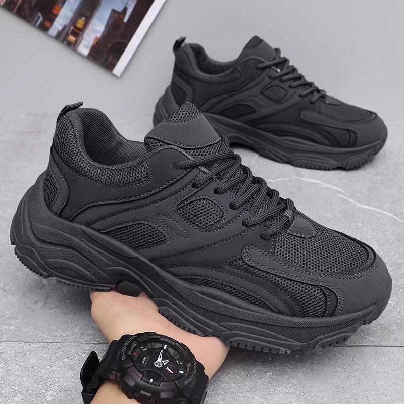 Black Warrior Men's Shoes Spring Breathable Thick-Soled Height-Increasing Casual Running Sports Non-Slip Soft-Soled Pure Black Dad Sneakers