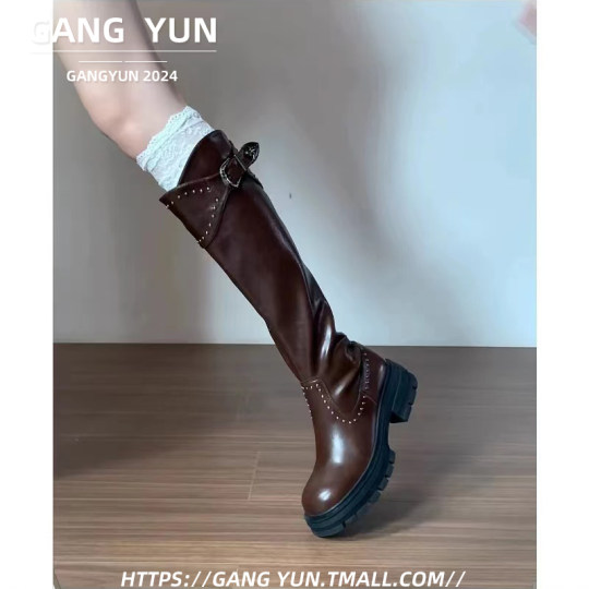 美拉德不过膝长筒靴女2025新款秋季粗跟厚底高筒靴西部牛仔骑士靴