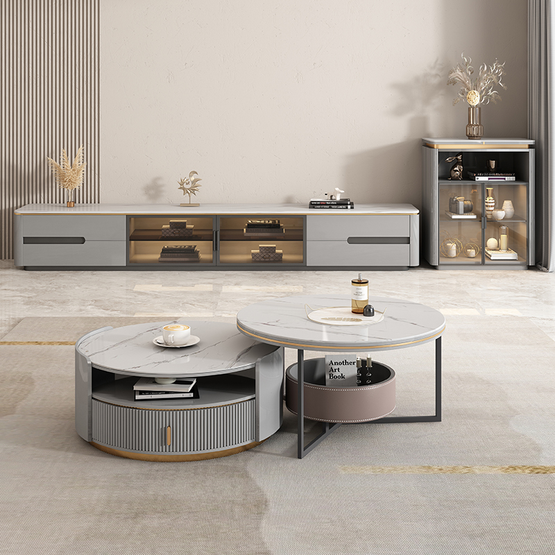 Rockboard TV cabinet Living room Small family style Fancy Light Lavish Modern Minima Marble Tea Table Glass Door Ground Cabinet Combination