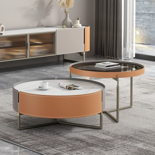 Седловая кожа размер круглый кофейный столик Комбинированный легкий роскошный современный минималистская гостиная Яркая светлая скала с загрязненными стеклянными столешницами