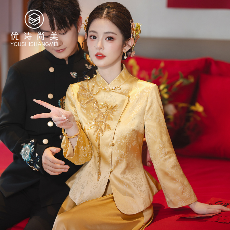 New Chinese-Style Engagement Dress for Women 2026 New Long-Sleeved Gold Bridal Toast Dress Autumn Stand Collar Slimming High-End Feel New Chinese-Style Engagement Dress for Women 2026 New Long-Sleeved Gold Bridal Toast Dress Autumn Stand Collar Slimming High-End Feel
