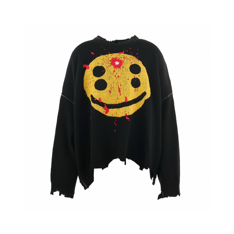 Saintmxxxxxx Autumn High Street Distressed Smiley Face Knit Wool Crew Neck Long-Sleeve Sweater Vintage Layering Piece Saintmxxxxxx Autumn High Street Distressed Smiley Face Knit Wool Crew Neck Long-Sleeve Sweater Vintage Layering Piece