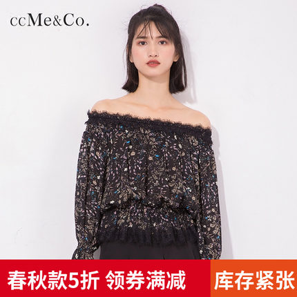 【5折】黑色小碎花一字肩雪纺衫女长袖露肩上