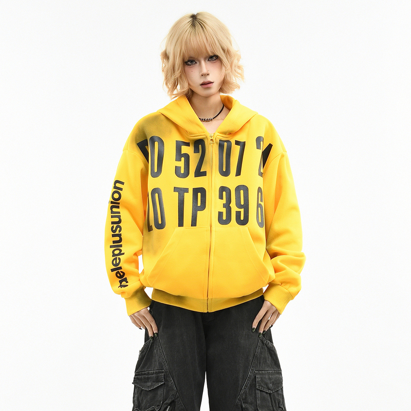 Ov Original American-Style Distressed Dirty-Dye Printed Zipper Hoodie for Women, Spring Loose Short Cardigan Casual Jacket