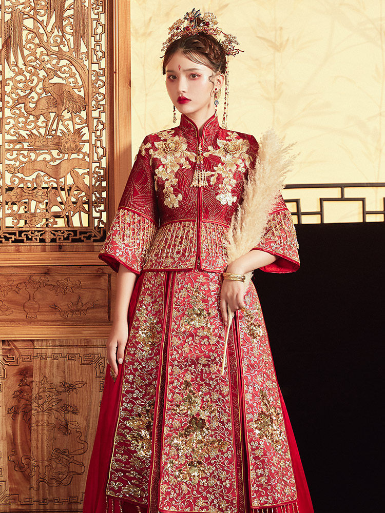 Xiuhe clothing women 2021 new Chinese long-sleeved wedding small slim thin bridal dress show kimono