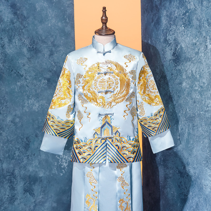 Blue Xiuhe dress groom 2021 new Chinese wedding dress Dragon Phoenix hanging Tang dress men's Xiuhe men's Xiuhe