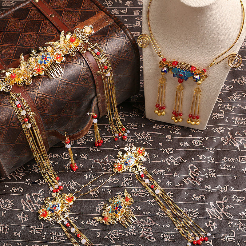 2021 new bridal headdress Chinese costume jewelry Xiuhe clothing headdress suit dragon and phoenix hanging collar ancient style