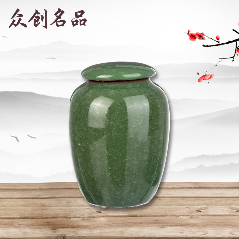 Ice cracked tea pot ceramic malachite green tea pot universal storage storage tank antique sealed Pu'er tea pot