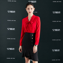 Flight attendant Fan red shirt female spring and autumn professional bow collar long sleeve temperament chiffon slim commuter fashion shirt