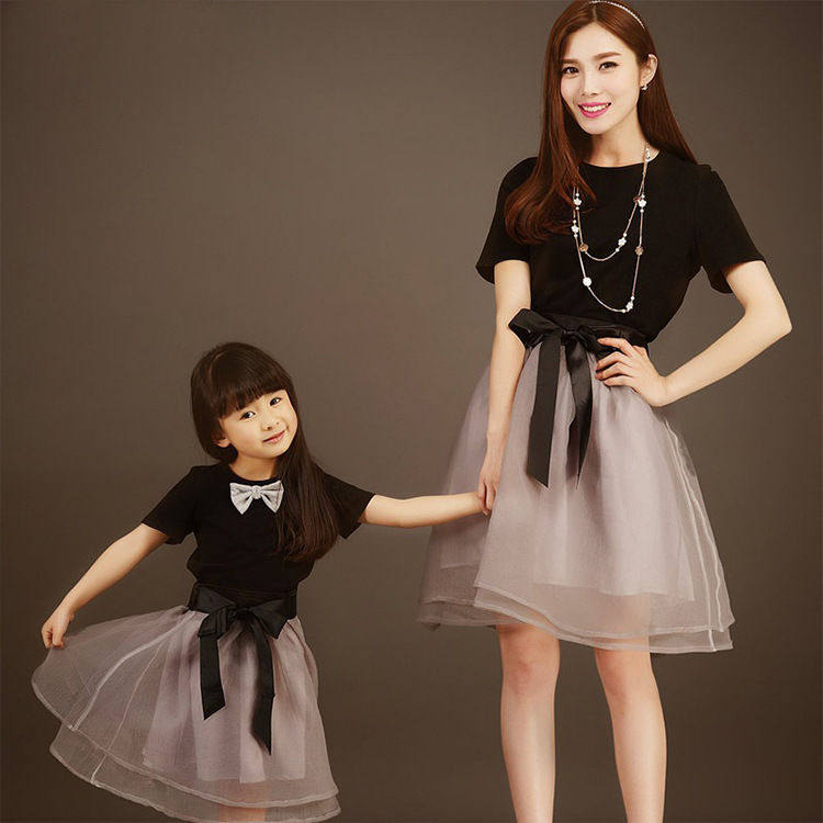 Summer parent-child dress mother-daughter skirt Korean fashion short-sleeved T-shirt mesh skirt suit girls princess skirt tutu skirt