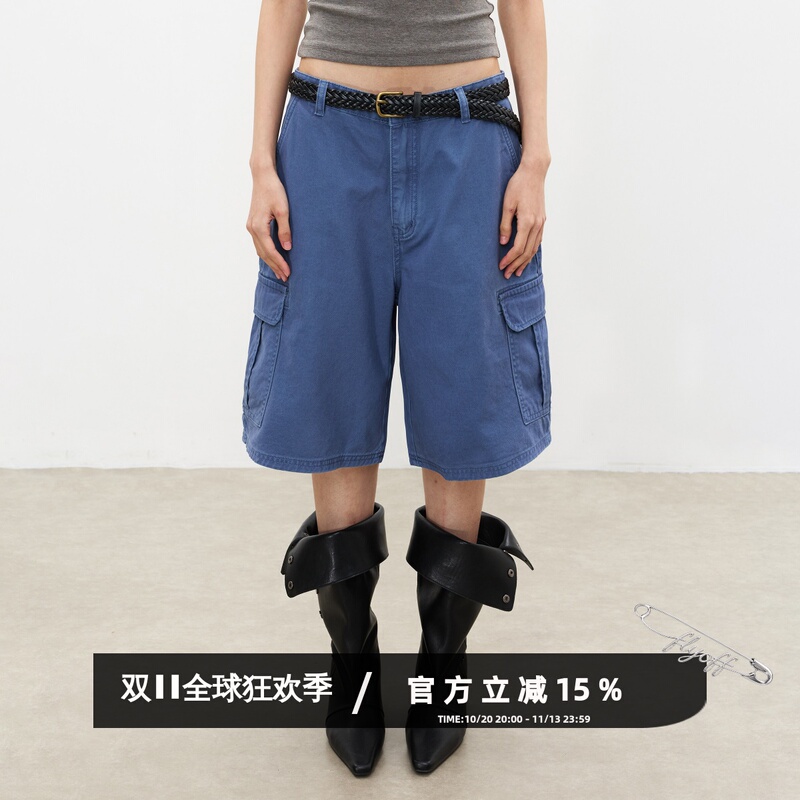 Flyoff【French Blue】Large Pocket Workwear Shorts Unisex Summer Mid-Length Pants Vintage Blue Shorts