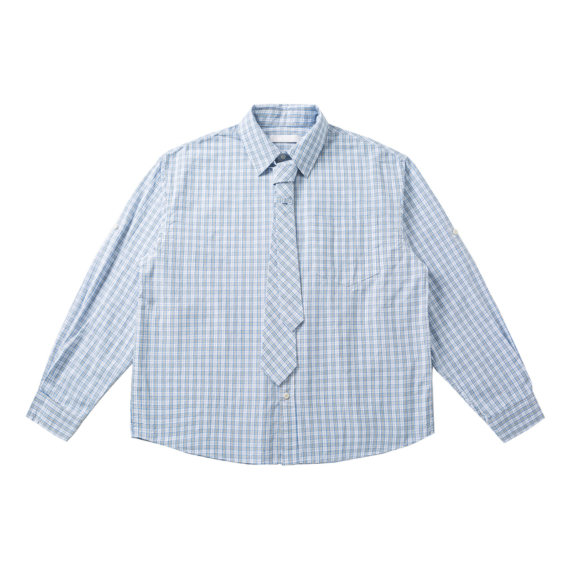 Flyoff Dual-Form Rolled-Edge Blue Plaid Shirt for Men and Women, Spring Style, Miu-Style High-End Couple Shirt Jacket