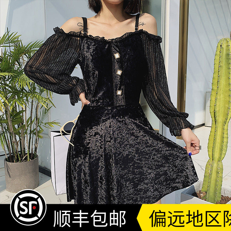 Large size swimsuit woman fat MM200 catty with bare shoulders covered with slim sexy swimsuit spa sunscreen black