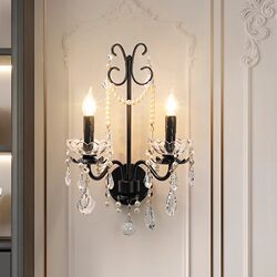 French Retro Crystal Wall Lamp, Light Luxury Bedroom Bedside Aisle Candle Lamp, Black Hotel Living Room Background Wall Lighting Fixtures