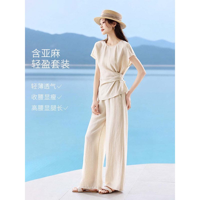 Outlet European Brand Hot-Selling Clearance Summer Old Money Style Side-Tie Linen Shirt and Wide-Leg Pants Set for Women