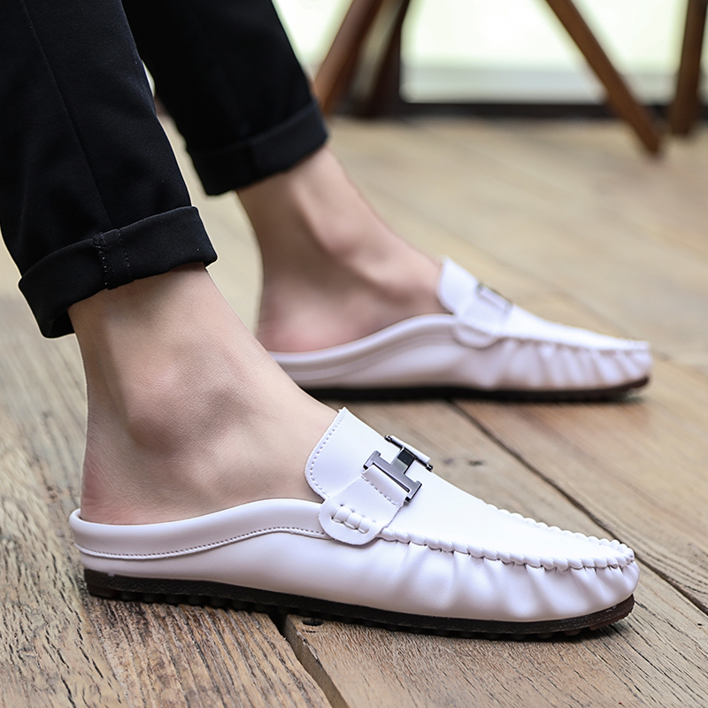 Doudou shoes men's breathable casual soft leather trend lazy people 2022 new spring soft bottom white half slippers summer