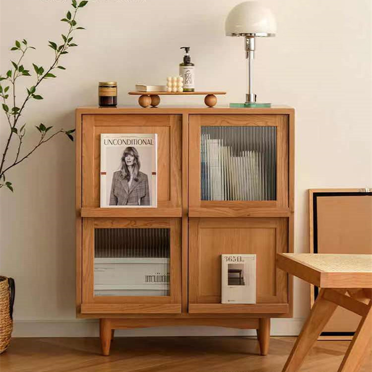 Japanese-style dining cabinet sofa side cabinet living room tea cabinet rattan bookcase Nordic solid wood magazine cabinet storage cabinet customization