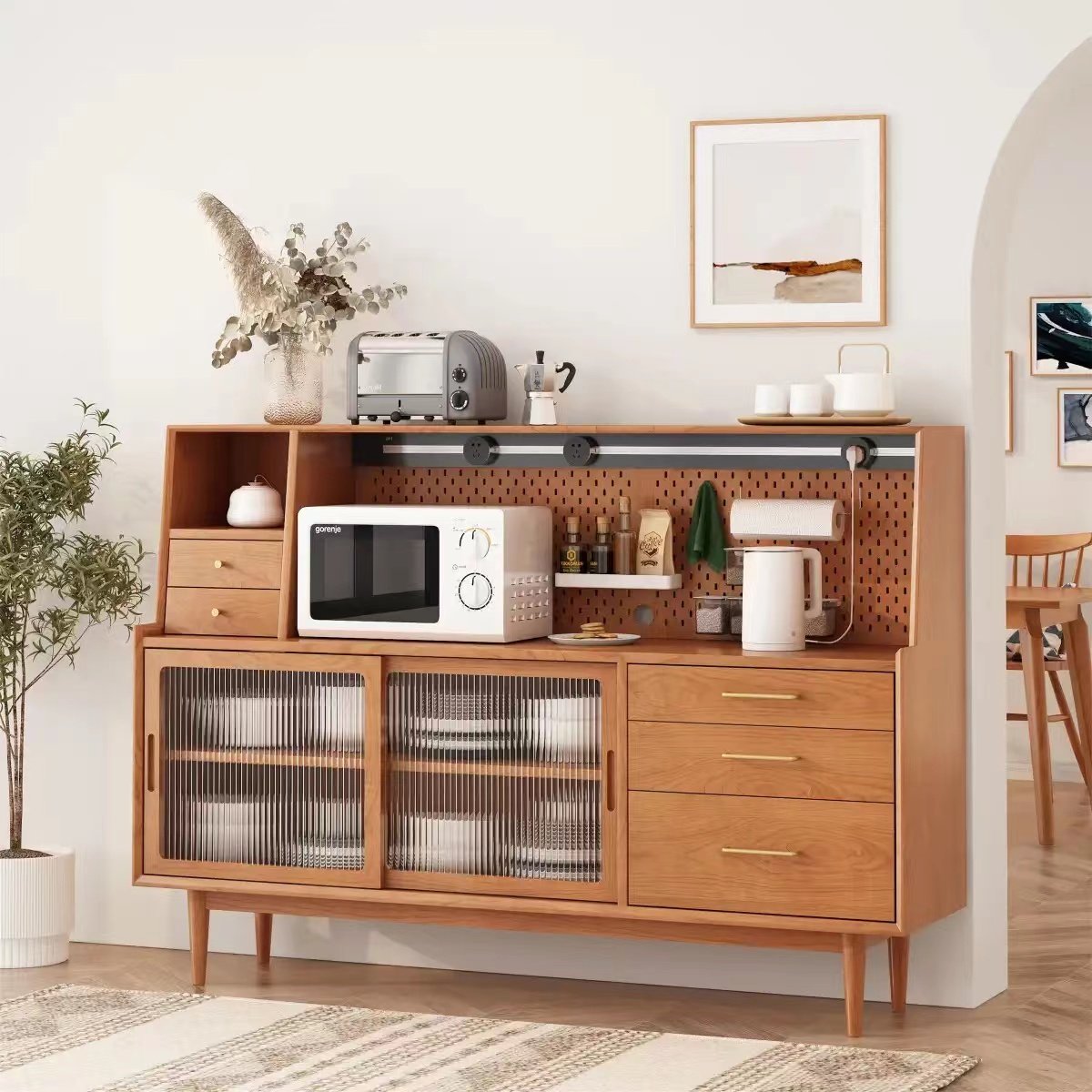 Solid wood sideboard hole board against the wall high cabinet home living room Nordic tea cabinet Japanese kitchen wine cabinet customization