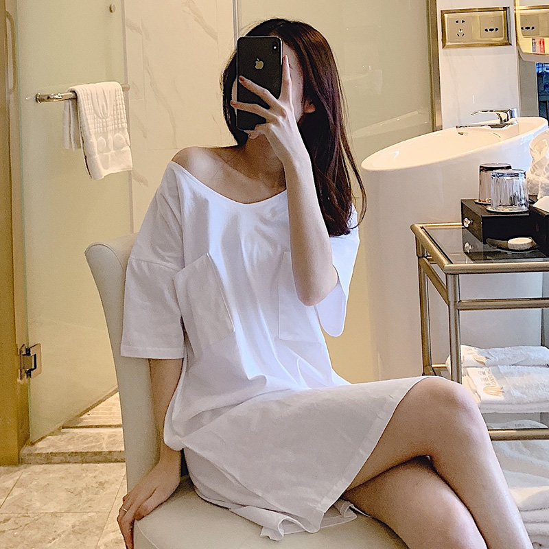 Sleeping skirt Summer Pure Cotton Short sleeve cute white thin pregnant woman Han Edition student loose summer pajamas