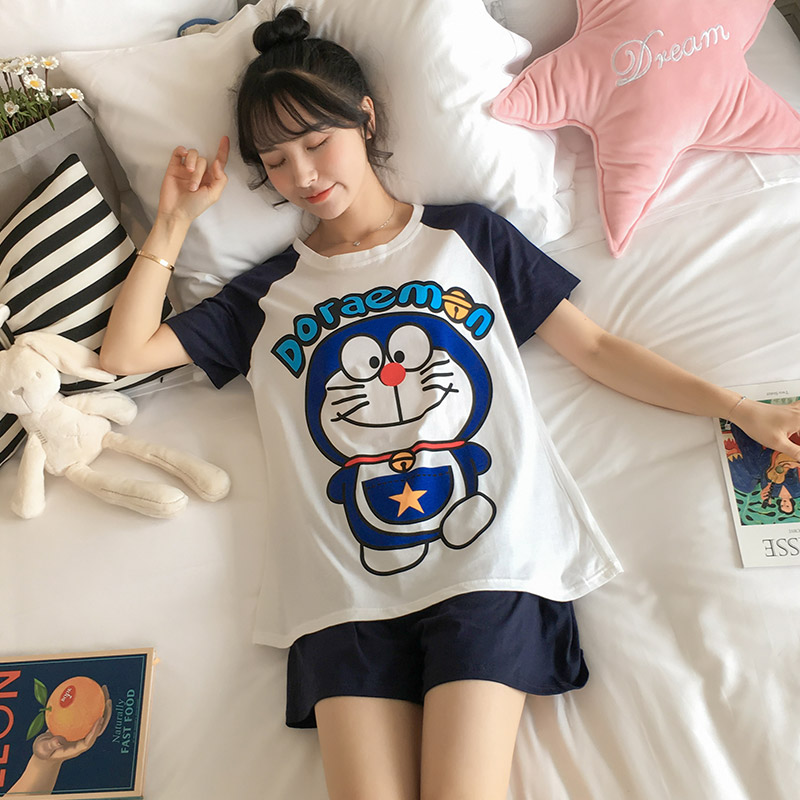 Pajamas female summer cotton short sleeve thin loose princess style can be worn outside Korean cute cat home clothing student suit