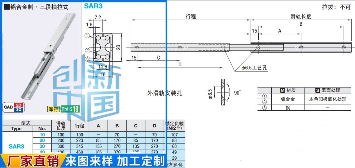 Linear slide rail three-section pull-out type light loading type-aluminium alloy type SAR3