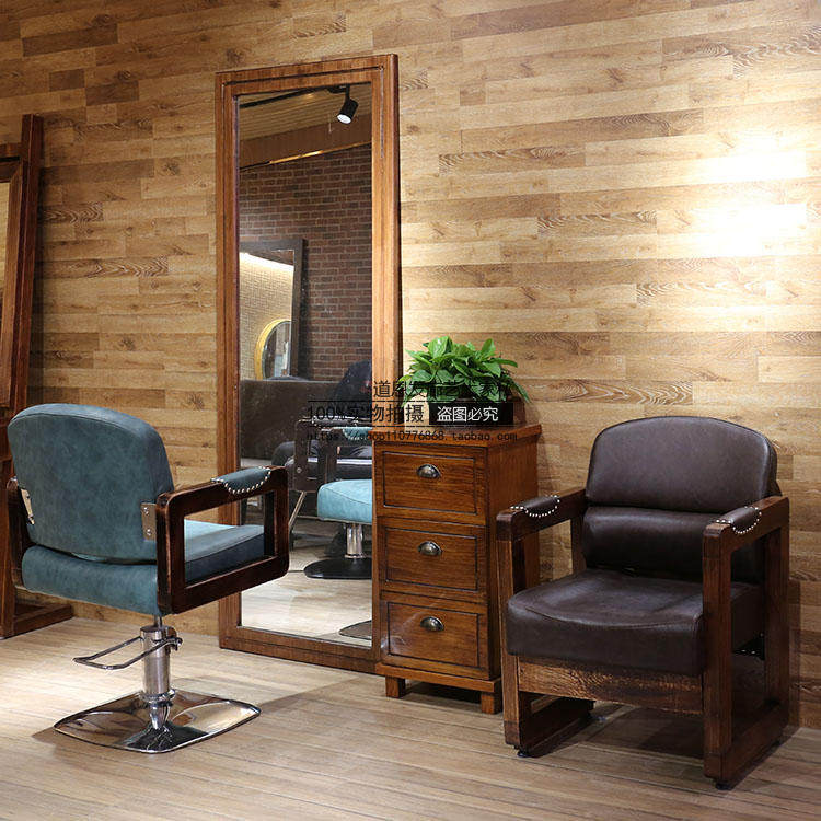Hair care chair Hair care shop mirror table Hair salon special hair mirror floor-to-ceiling single-sided solid wood full-length mirror Hair cutting stool vintage