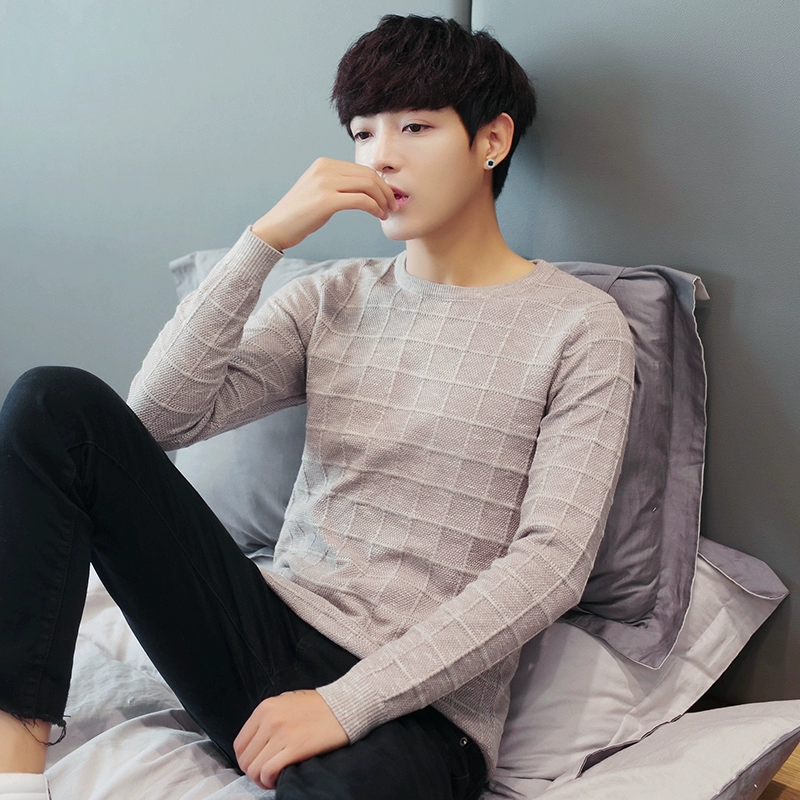 Mùa đông phong cách mới Áo len nam áo thun nam áo len trẻ trung đẹp trai xu hướng cổ tròn áo len kẻ sọc - Cardigan