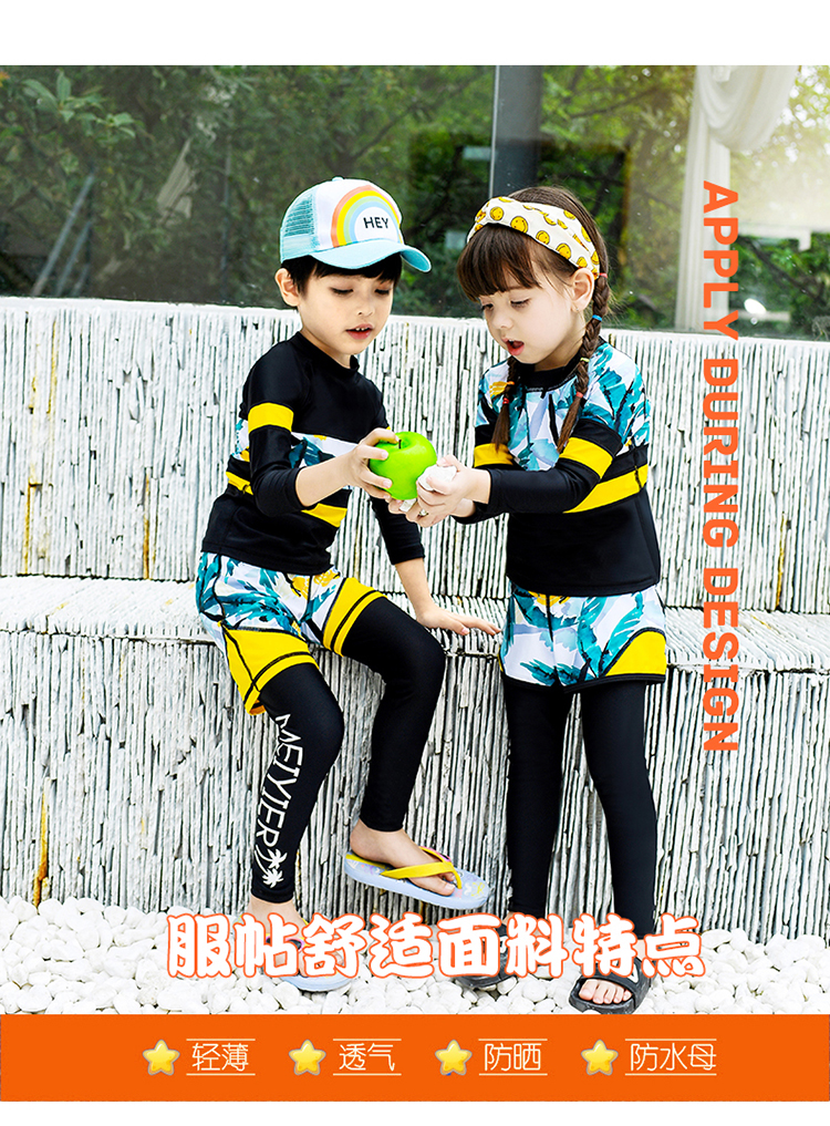 Bộ đồ bơi bé trai phù hợp với bé trai cộng với kích cỡ áo tắm chia ba mảnh phù hợp với bé gái lớn bé gái chống nắng tay áo khô nhanh - Bộ đồ bơi của Kid đồ bơi elsa
