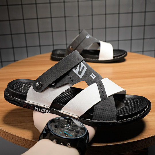 Leather sandals for men, autumn, high-end, non-slip, lightweight beach shoes, dual-use casual men's driving sandals and slippers